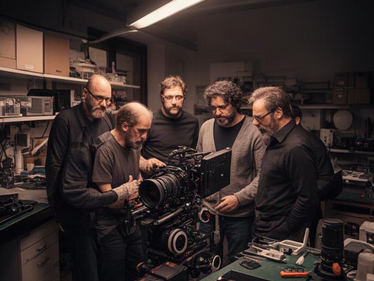 Tecnici e filmmaker riuniti attorno a una camera cinema in un laboratorio di Milano