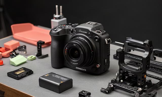 Camera body full-frame su tavolo tecnico con batteria e supporti